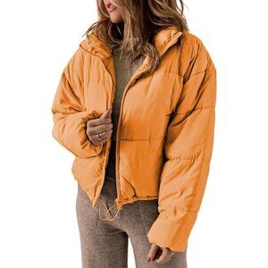 Women’s Orange 100% Polyester Warm Zip-Up Classic Quilted Puffer Jacket
